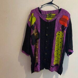The ethnic Scene Purple and Black Abstract Button-Up colorful Shirt
Very funky!